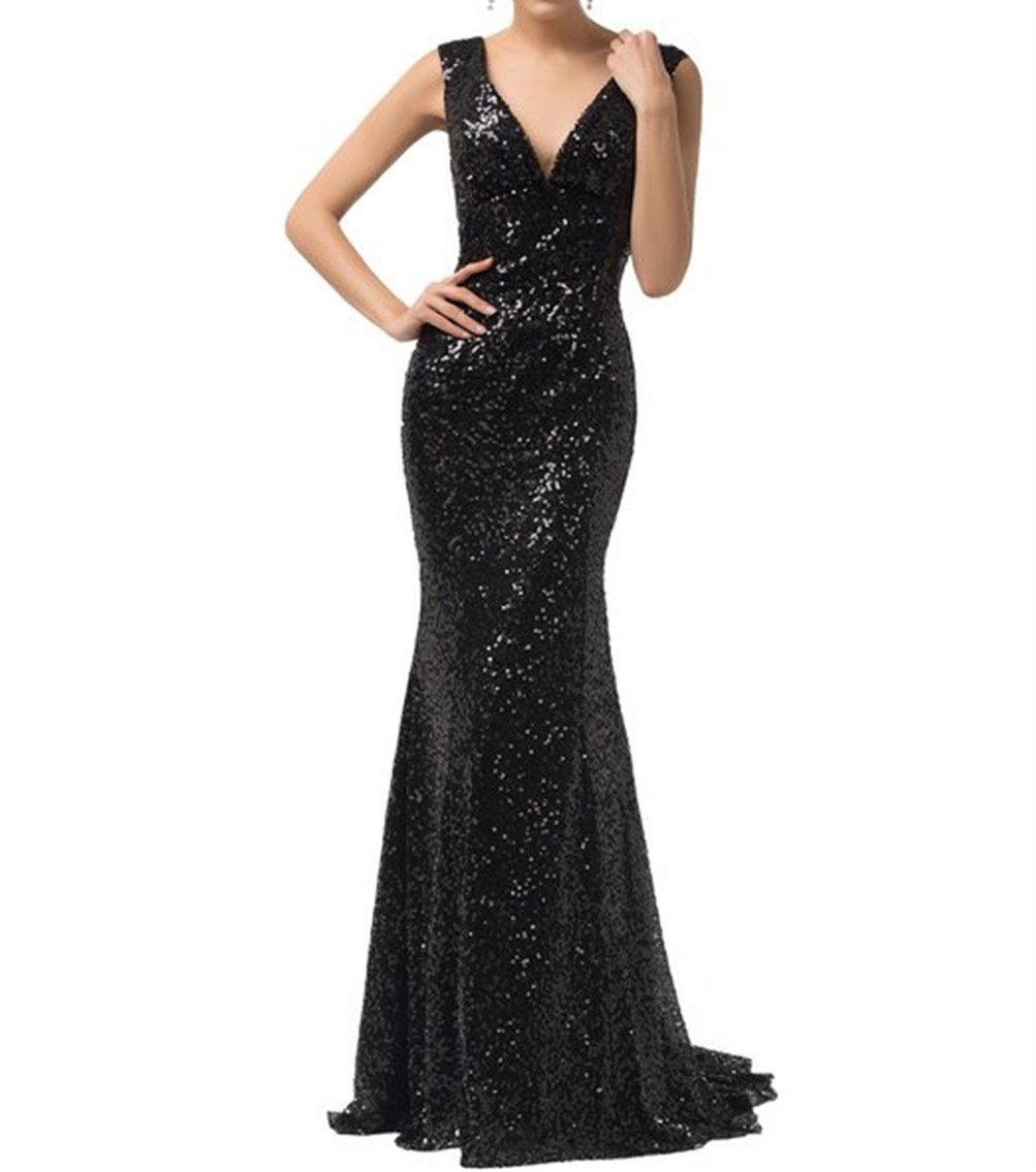 Black Sequin Long Mermaid Bridesmaid Dresses V Neck Sexy Wedding Party Gown Prom Evening Formal 5783